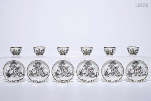 Six Chinese miniature grisaille cups and saucers with jesuits, Qianlong