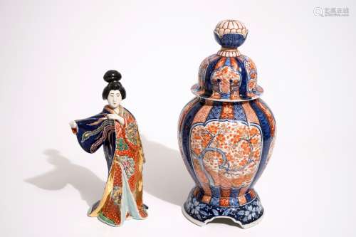 A Japanese Imari vase on stand and a Kutani model of a bijin, Meiji, 19th C.