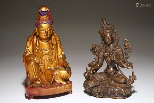 A Chinese bronze figure of Green Tara and a gilt wooden Guanyin, 19th C.