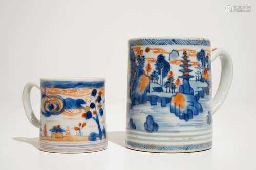 Two Chinese Imari mugs with landscape designs, Qianlong