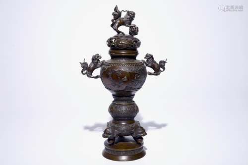 A Japanese bronze koro on foot and a figurative incense burner, Meiji/Taisho, 19/20th C.