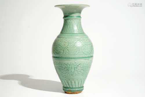 An incised Chinese Longquan celadon  vase, Song or Ming