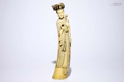 A tall Chinese carved ivory figure of Guanyin, 19th C.