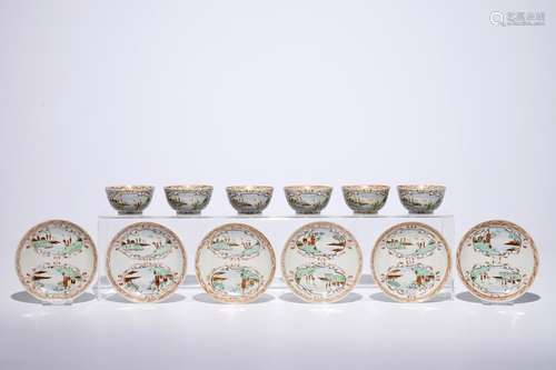 A set of six Chinese famille rose export Meissen-style cups and saucers, Qianlong