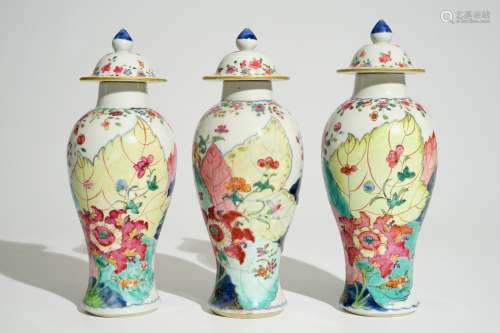 A set of three Chinese famille rose covered vases with 'Tobacco Leaf' design, Qianlong