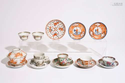 A varied lot of Chinese famille rose and iron red cups and saucers, 18/19th C.