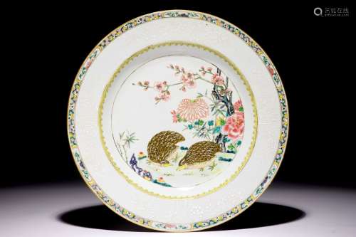 A large Chinese famille rose quails charger, Yongzheng