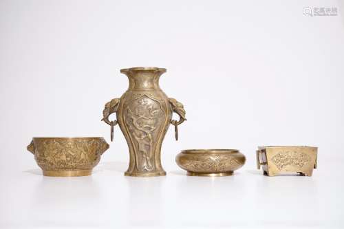 Three Chinese bronze censers or bowls and a vase, 19/20th C.