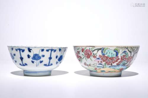 A Chinese famille rose landscape bowl, Yongzheng, and a blue and white bowl, Kangxi