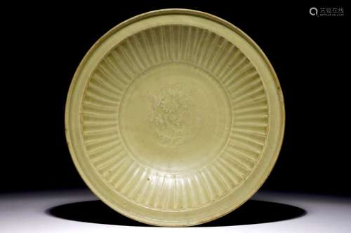 A Chinese Longquan celadon ribbed charger, Ming