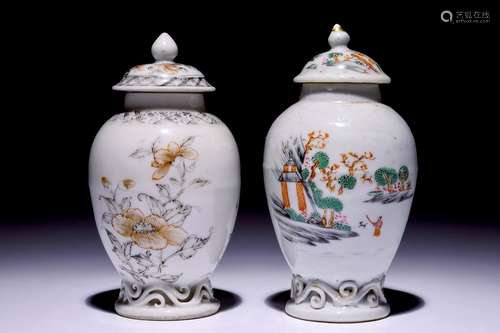 Two Chinese export famille rose and grisaille tea caddies and covers, Qianlong