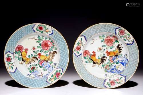 A pair of Chinese famille rose cockerel plates, Yongzheng