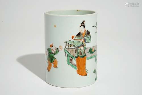 A Chinese famille verte brushpot in Kangxi style, 19/20th C.