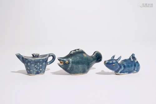 Three Chinese monochrome blue waterdroppers, 19/20th C.