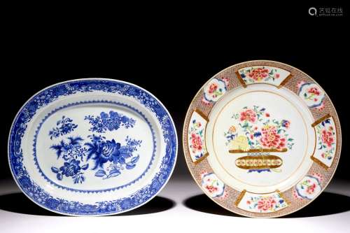 A Chinese famille rose dish with a flowerbasket and an oval blue and white floral dish, Qianlong