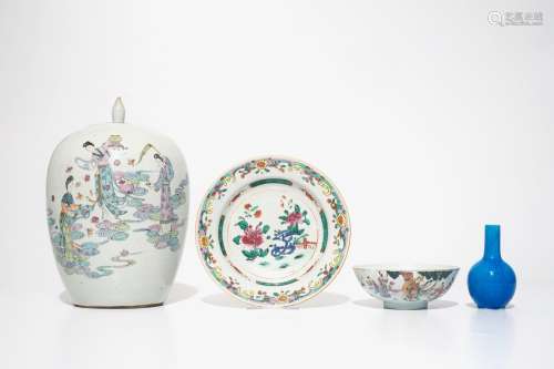 A varied lot of Chinese famille rose and monochrome porcelain, 19/20th C.