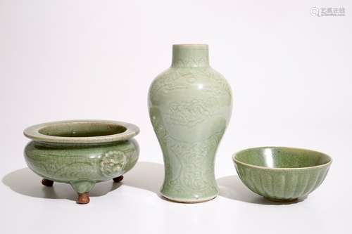 A Chinese Longquan celadon tripod censer, an underglaze-decorated vase and a bowl, Ming and later