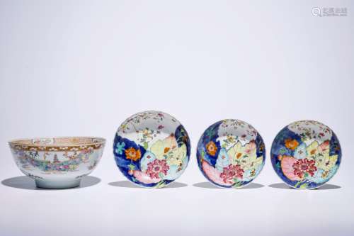 Three Chinese famille rose 'Tobacco Leaf' saucer plates and a famille rose bowl, Yongzheng/Qianlong