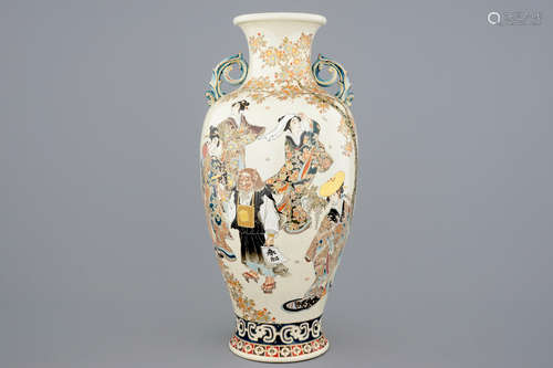 A tall figurative Japanese Satsuma vase, Meiji, 19th C.