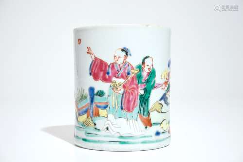 A cylindrical Chinese famille rose brushpot with figures in a garden, Qianlong
