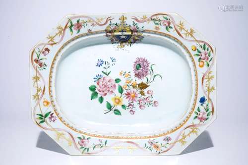 A large octagonal Chinese famille rose export armorial dish, Qianlong