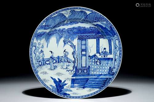 A Chinese blue and white charger with a scene from 