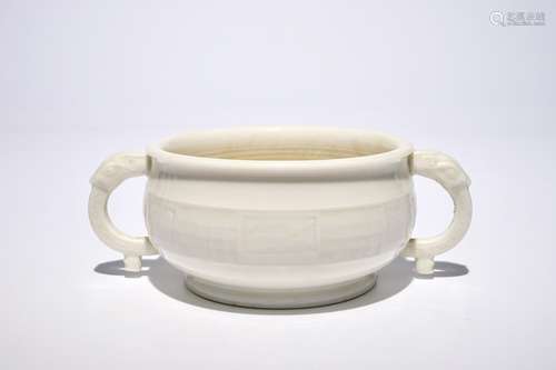 A round Chinese Dehua blanc de Chine censer with moulded and underglaze decoration, 19th C.