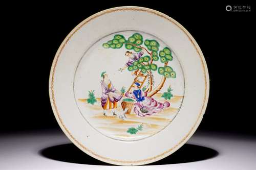 A Chinese famille rose plate with cherry pickers, Qianlong