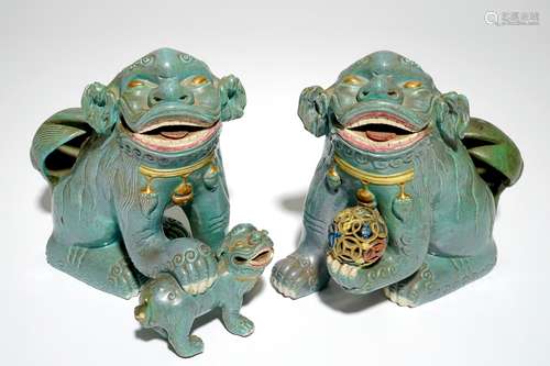 A pair of large Chinese buddhist lions with robin's egg glaze, 19th C.