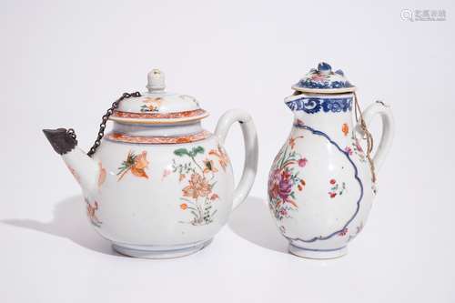 A Chinese famille verte teapot, Kangxi, and a famille rose milk jug, Qianlong