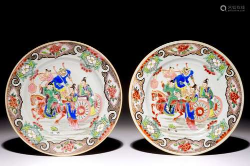 A pair of Chinese famille rose plates with a lady in a chariot, Yongzheng