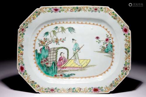 A large Chinese famille rose octagonal dish with figures on a boat, Yongzheng