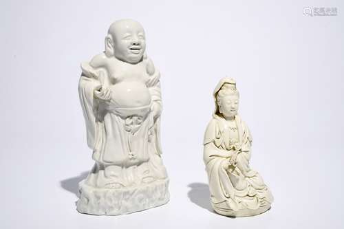 Two Chinese blanc de Chine Dehua figures of Buddha Hotei and Guanyin, 19/20th C.