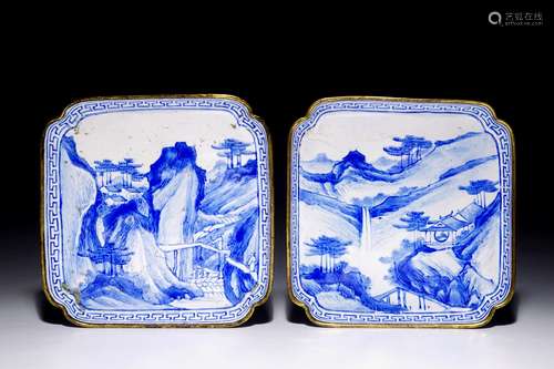 A pair of Chinese blue and white square trays in Canton enamel, 18th C.