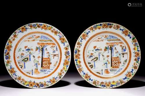 A pair of Chinese verte-imari plates with ladies on a terrace, Yongzheng