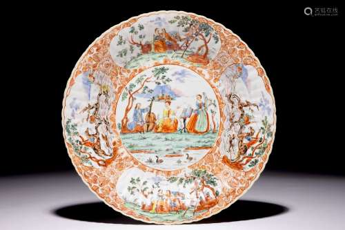 A Chinese Dutch decorated Amsterdams bont dish with musicians and hunters, Qianlong