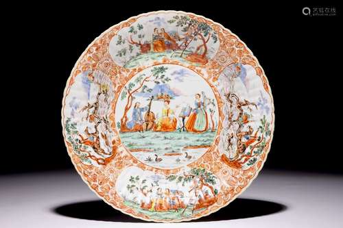 A Chinese Dutch decorated Amsterdams bont dish with musicians and hunters, Qianlong