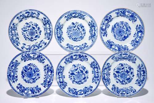 Six Chinese blue and white export porcelain 'Pompadour' plates, Qianlong