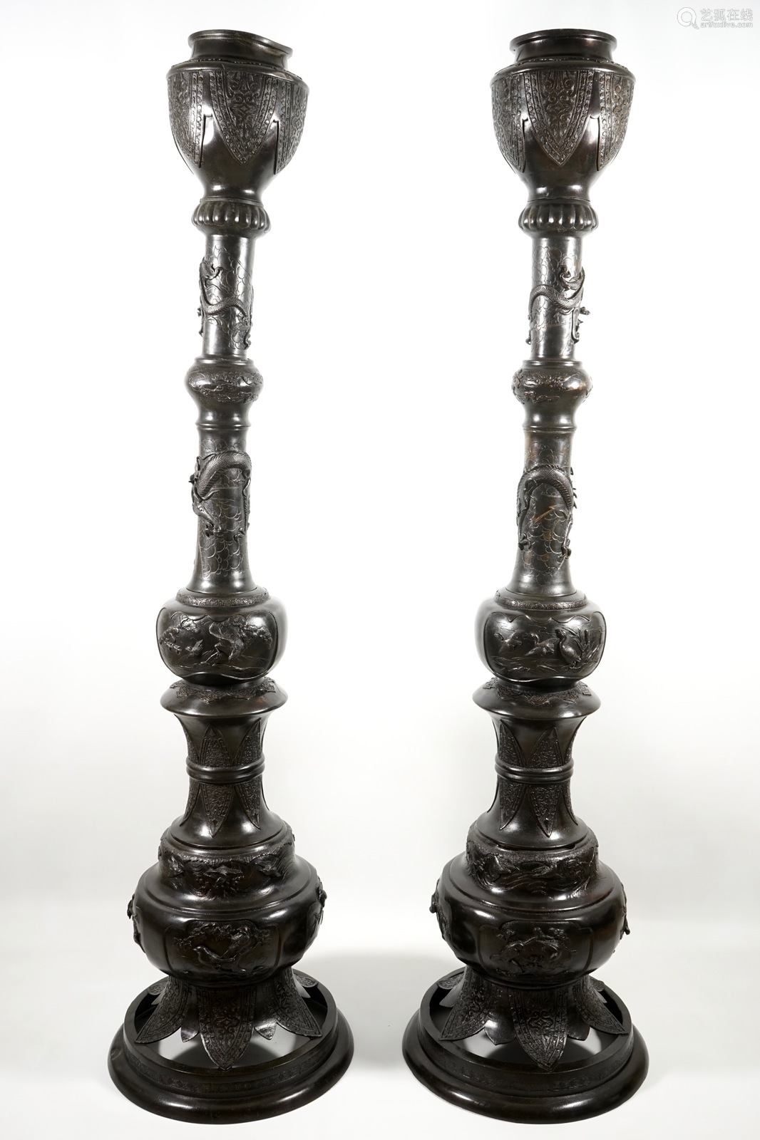 A pair of very tall Japanese bronze floor lamp c