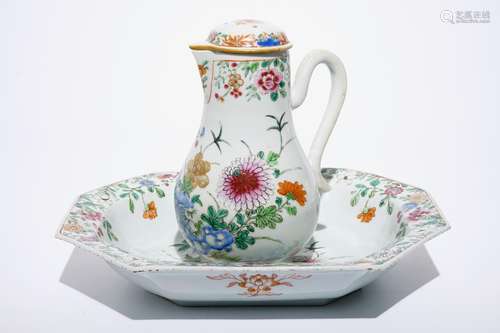 A Chinese famille rose ewer with cover and basin, Qianlong