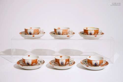 Six Chinese rose-imari cups and saucers, 18/19th C.