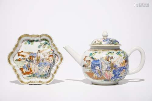 A fine Chinese famille rose teapot on stand with a lady and two boys, Yongzheng