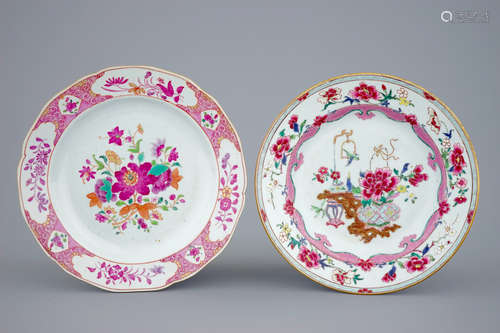 Two floral Chinese famille rose plates, Qianlong