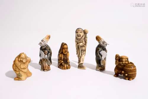 Six various Japanese netsuke in ivory and porcelain, Meiji/Taisho, 19/20th C.