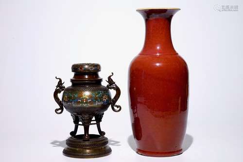 A Chinese monochrome oxblood vase and a bronze incense burner, 19th C.