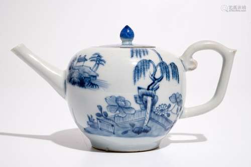 A Chinese blue and white teapot with landscape design, Qianlong