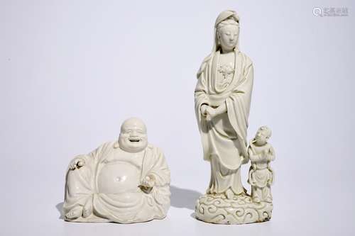 Two Chinese blanc de Chine Dehua figures of Buddha Hotei and Guanyin with child, 18/19th C.