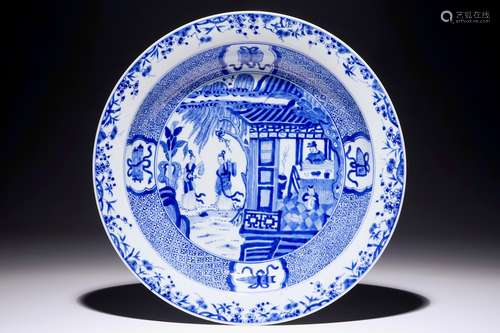 A Chinese blue and white deep dish with a scene from 