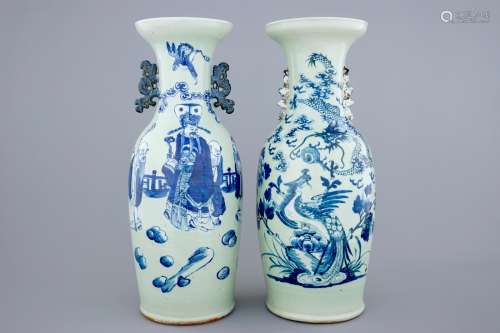 Two Chinese vases with blue and white design on celadon ground, 19th C.
