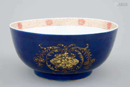 A large Chinese blue ground bowl with gilt decorations, 18th C.